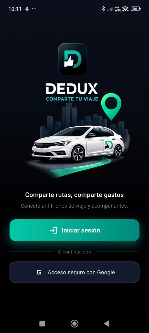 Inicio de sesión con Google en la app DEDUX de viajes compartidos Chile